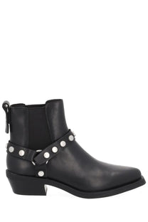 Ash women’s boot logan black black leather ankle boot with silver studs and buckle strap visible from the back side