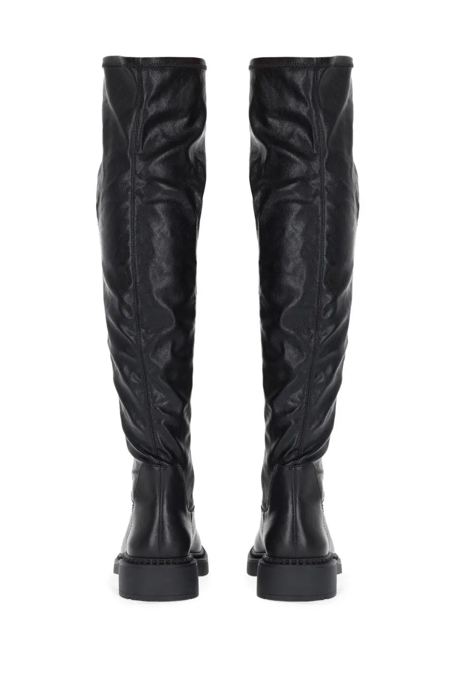 Ash women’s boot maxim black glossy leather over-the-knee boots with textured crinkled upper visible from the back