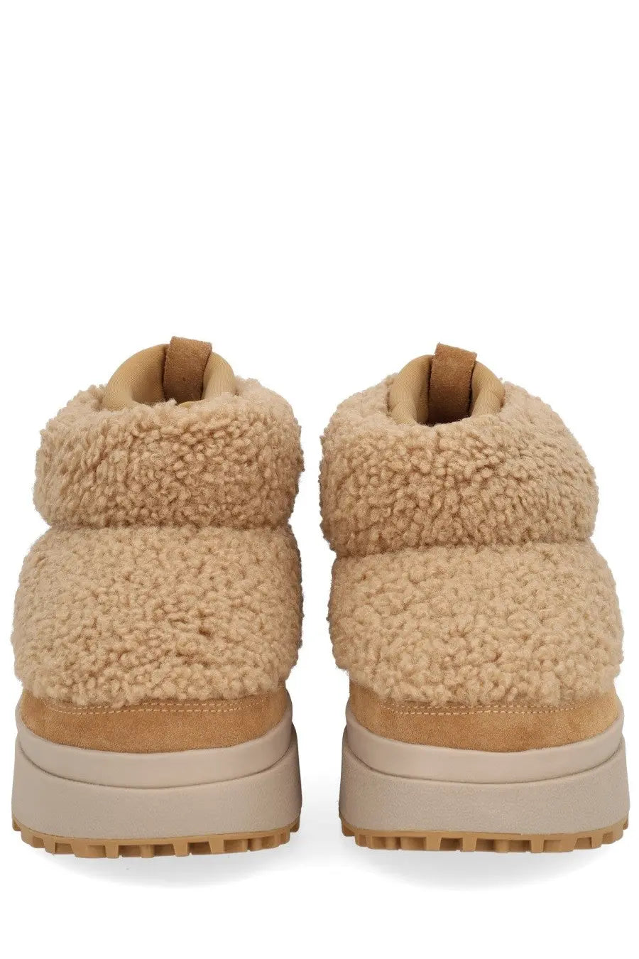 Ash women’s boot olympia beige tan shearling-lined high-top sneakers with suede and rubber sole front view