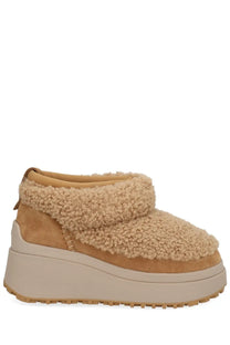 Ash women’s boot Olympia beige tan shearling lined platform boot with suede accents and chunky sole front view