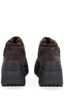 Ash women’s boot Onyx brown suede platform boots with black rubber soles and chunky heels facing back view