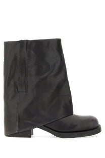 Ash women’s black leather ankle boot with distinctive draped upper and block heel shown from the back side