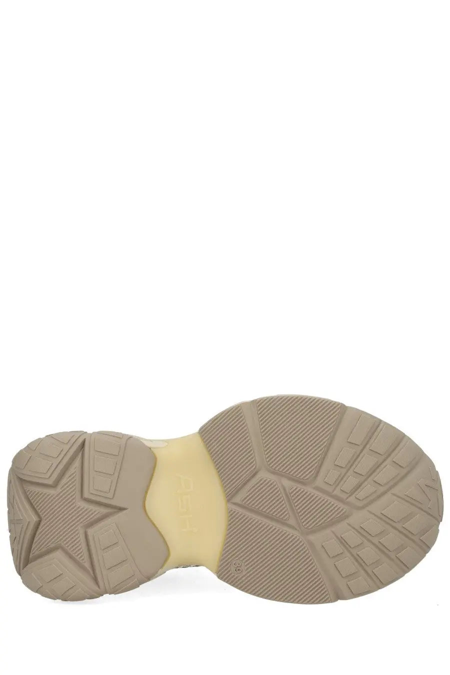 Tan rubber sole with star-shaped tread and pale yellow midsole on ash women’s dragon sneaker beige