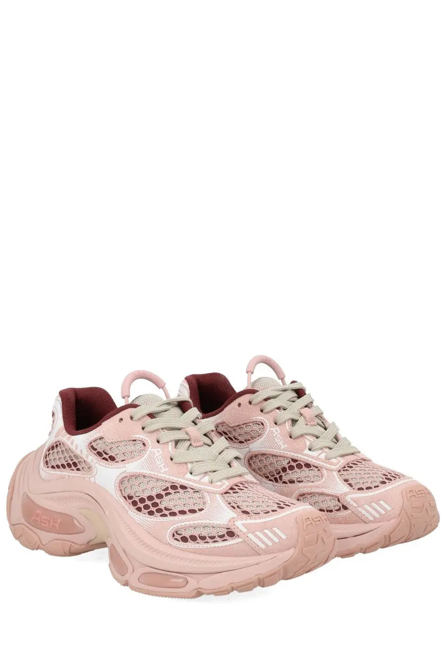 Pink mesh ash women’s dragon sneaker with maroon accents and chunky sole in blue product color details