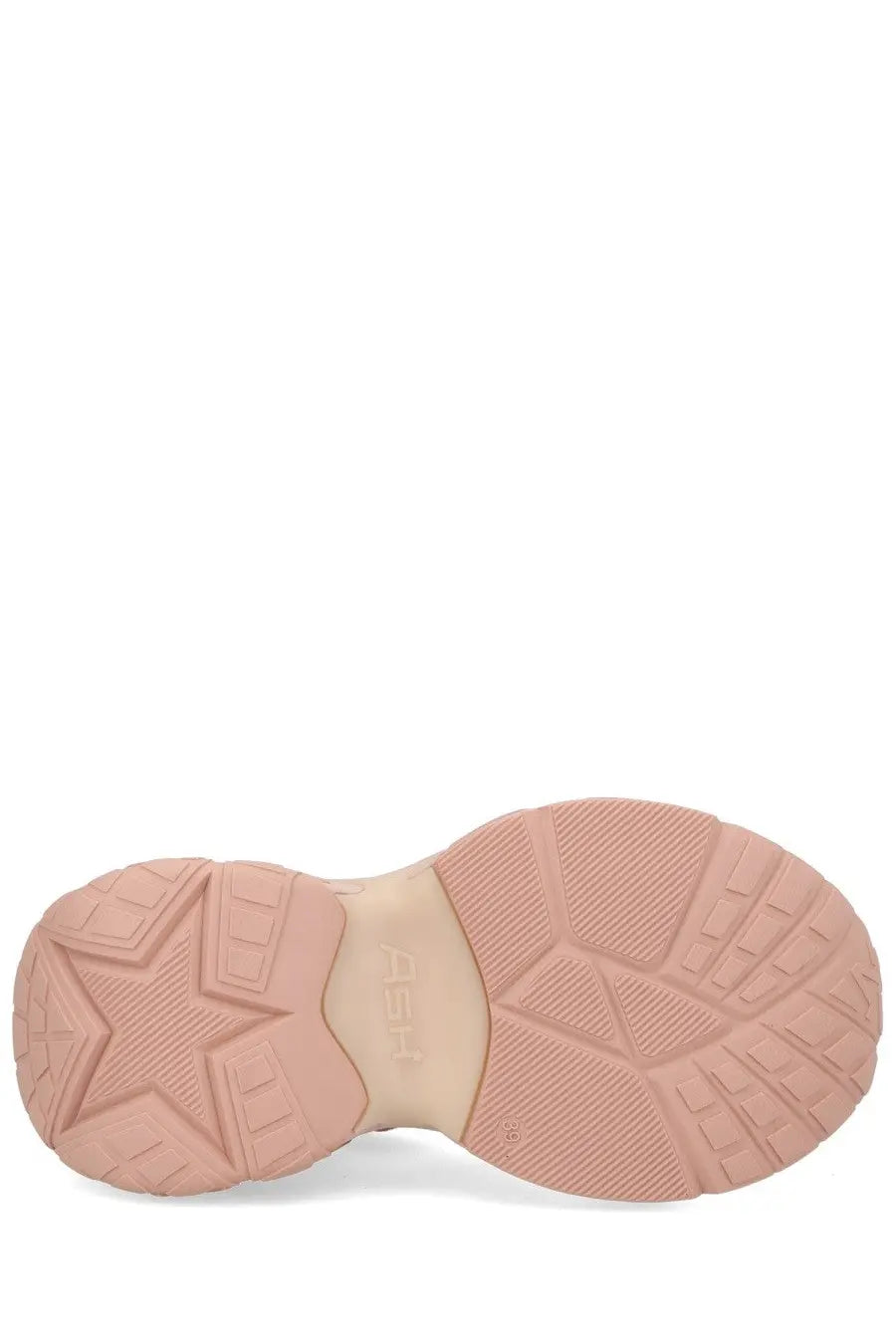 Pink rubber sole with star-shaped tread and beige midsole of ash women’s dragon sneaker blue featuring aeb logo