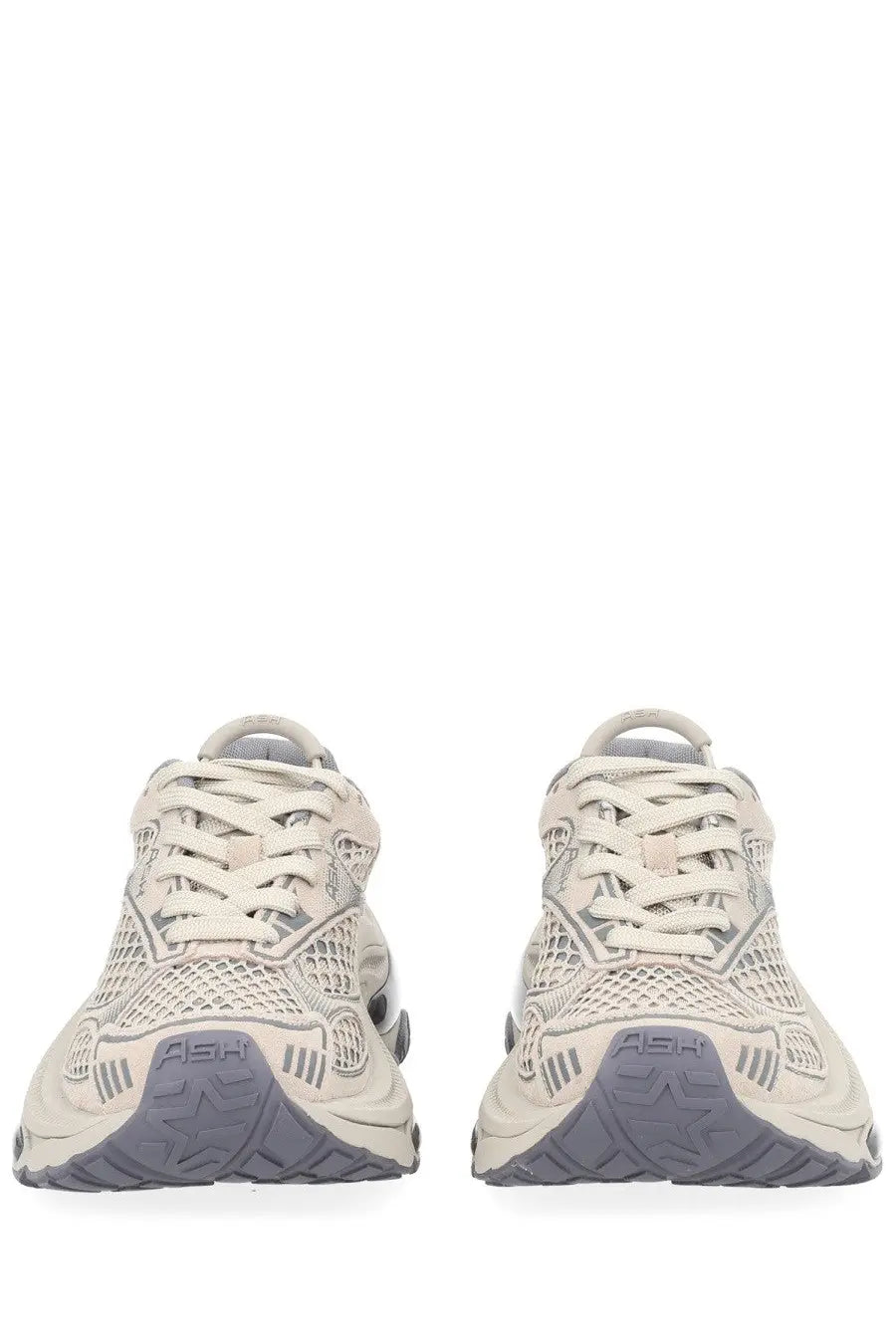 Beige mesh ash women’s dragon sneaker grey showing back side with gray rubber soles and ash branding on the heel