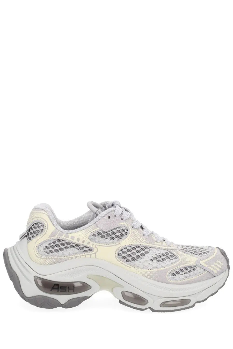 Ash women’s Dragon sneaker grey chunky retro sneaker with pale cream and gray mesh and translucent air cushioning units