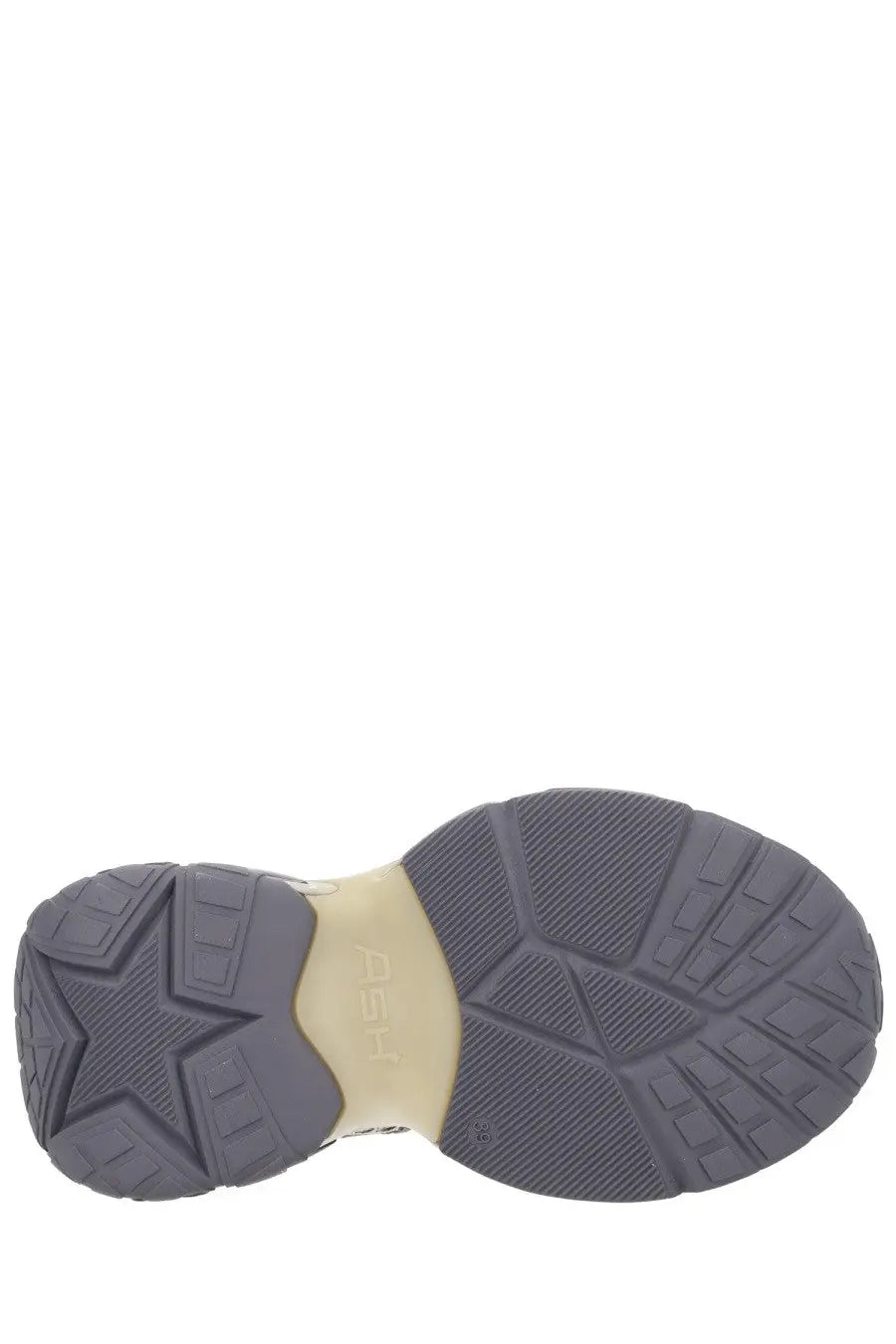 Gray rubber sole with beige midsole and geometric tread pattern featuring hsd logo on ash women’s dragon sneaker gray