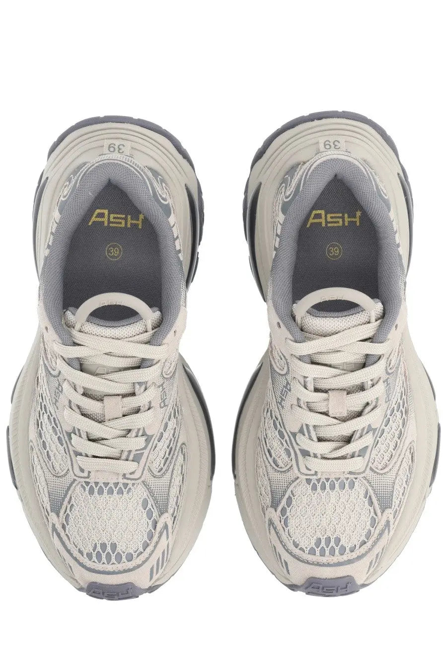 Ash women’s Dragon sneaker grey featuring beige and gray textured mesh upper with bold chunky soles