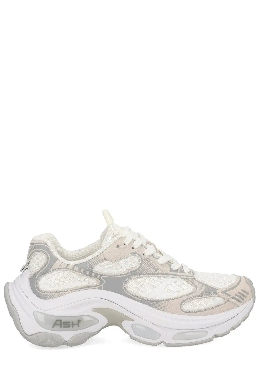 Ash women’s dragon sneaker white featuring white and gray mesh panels with chunky layered design and translucent rubber soles