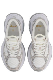Ash womens dragon sneaker white with chunky sole gray and white mesh upper and gold branding on the insole