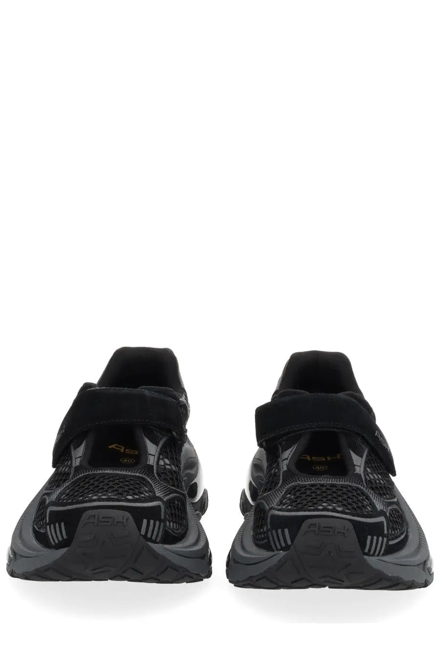 Ash women’s Drake sneaker black chunky mesh upper with velcro straps and bold rubber sole featuring ash logo