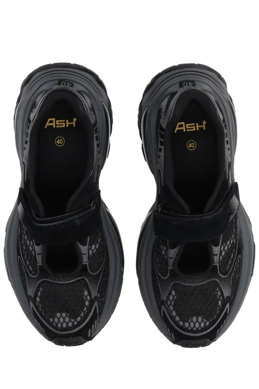 Ash women’s drake sneaker black featuring black ash material with bold textured skull design and chunky soles