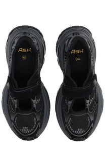 Ash women’s drake sneaker black featuring black ash material with bold textured skull design and chunky soles