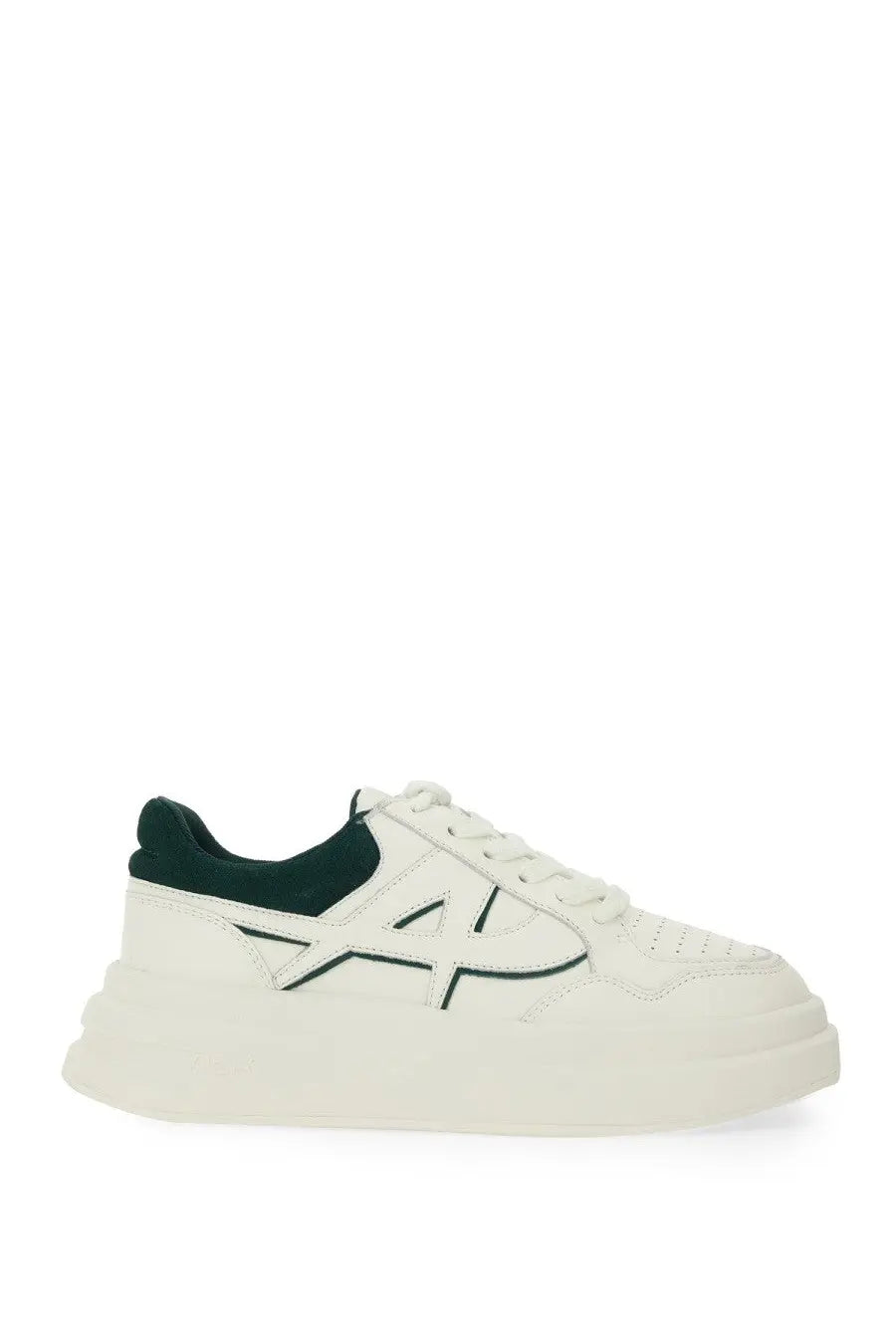 Ash women’s iconic sneaker white white leather sneaker with thick platform sole and dark green heel tab accents back side