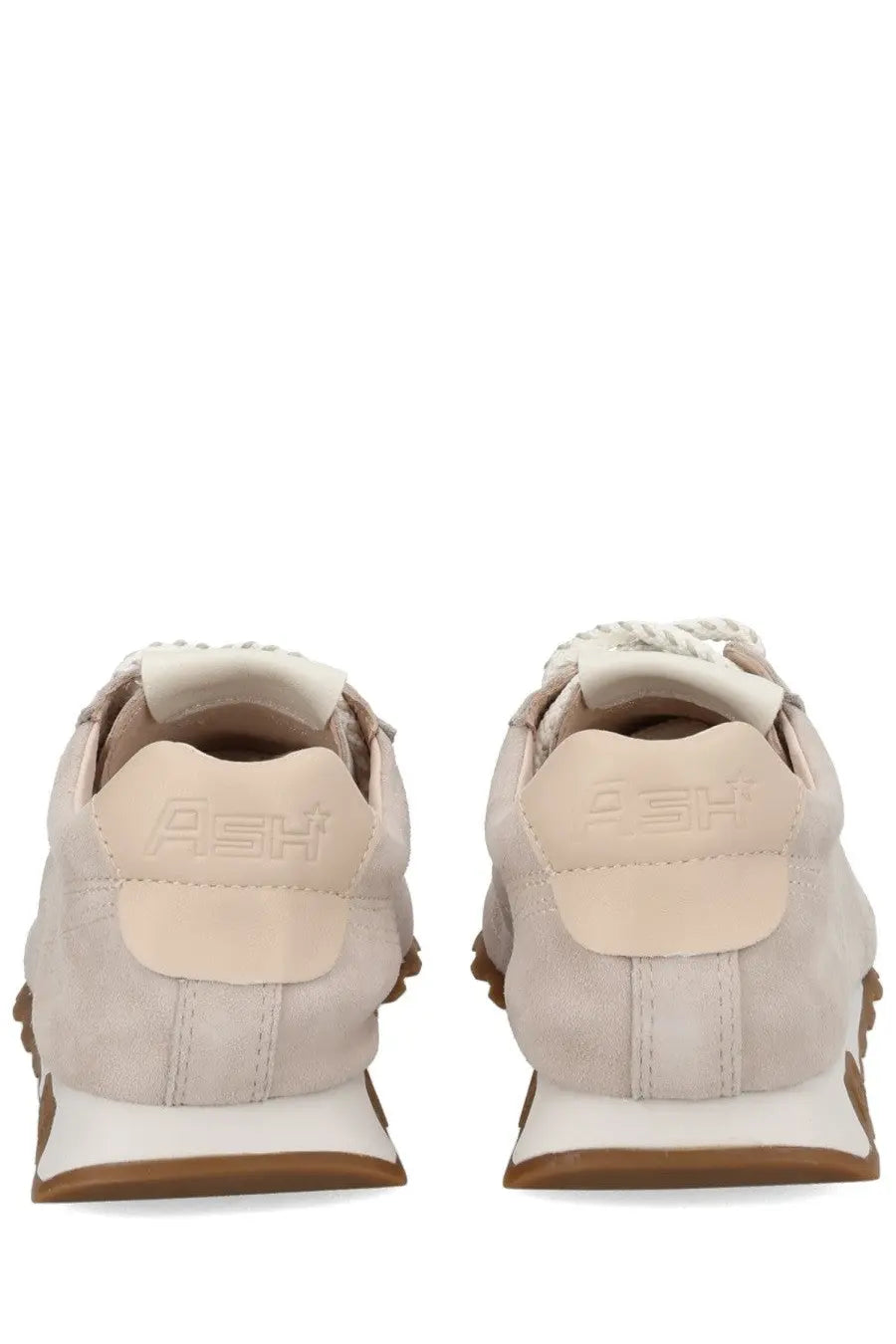 Beige suede ash women’s killbill sneaker with white and brown rubber sole showing the back side with ash logo