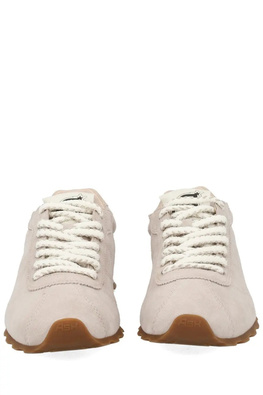 Ash women’s killbill sneaker beige with beige suede upper white laces and brown rubber sole front view