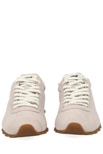 Ash women’s killbill sneaker beige with beige suede upper white laces and brown rubber sole front view