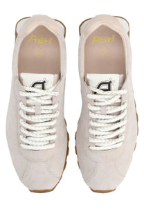 Ash women’s Killbill sneaker beige in suede with white laces tan rubber soles and gold ash embroidery on inner lining