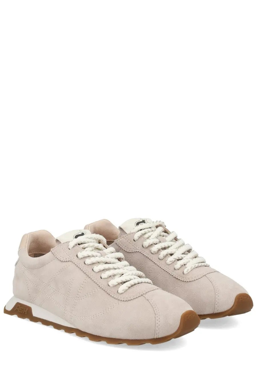 Beige suede ash women’s killbill sneakers with white laces and tan rubber sole for casual wear