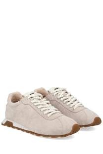 Beige suede ash women’s killbill sneakers with white laces and tan rubber sole for casual wear
