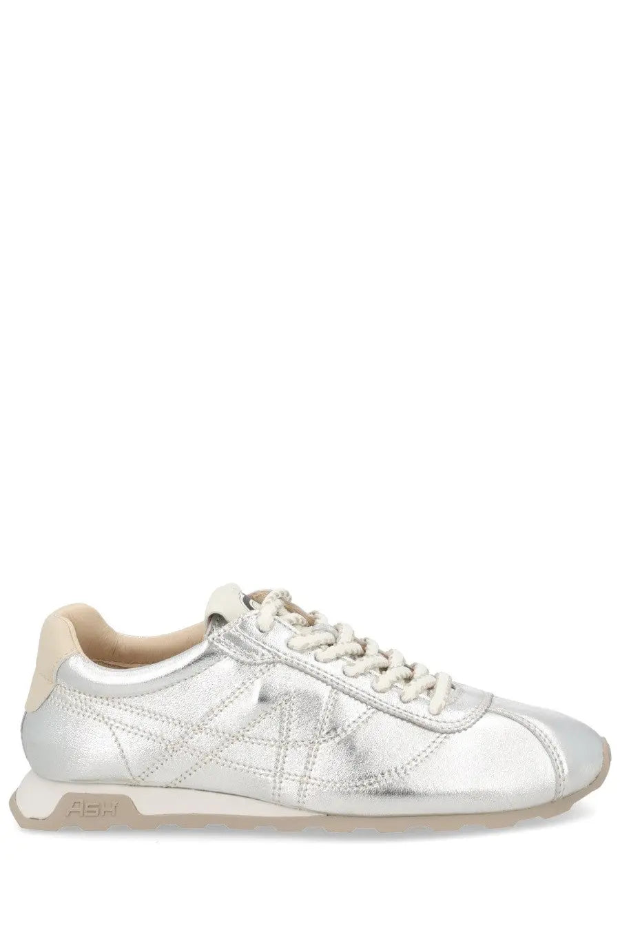 Ash women’s killbill sneaker silver low-top with silver metallic leather beige laces and subtle stitching details