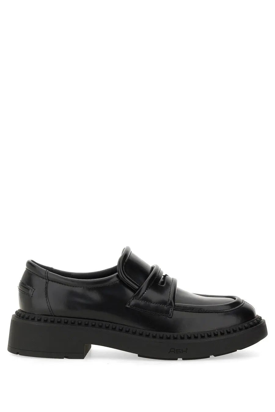 Ash women’s moccasin miracle black black patent leather loafer with chunky platform sole and stitched detailing