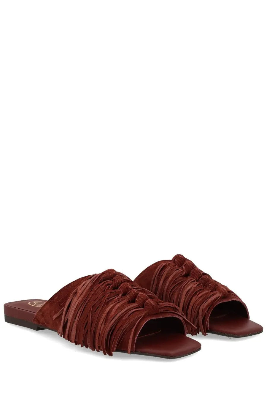Ash women’s mule brigitte brown burgundy suede slide sandals with fringed detailing and square toe design