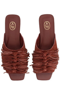 Ash women’s mule Brigitte brown brown suede sandals with fringed detailing and square heel visible from the back side