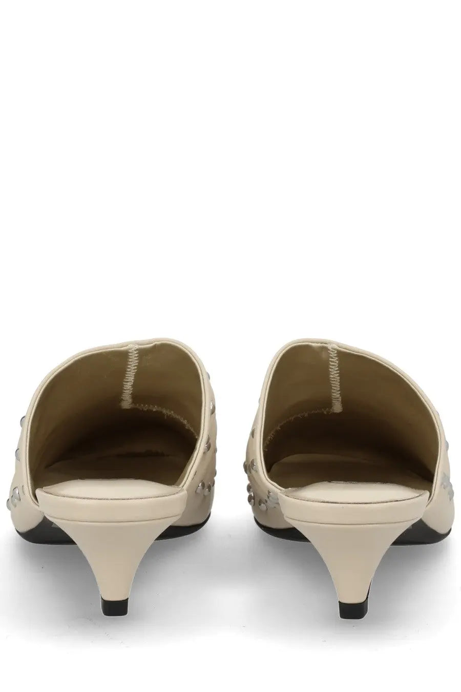 Ash womens mule con tacco eloise white cream leather mules with silver studs and black heels shown from the back side