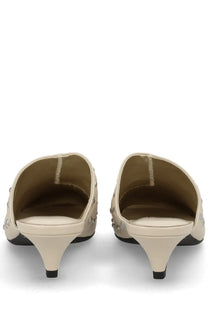 Ash womens mule con tacco eloise white cream leather mules with silver studs and black heels shown from the back side