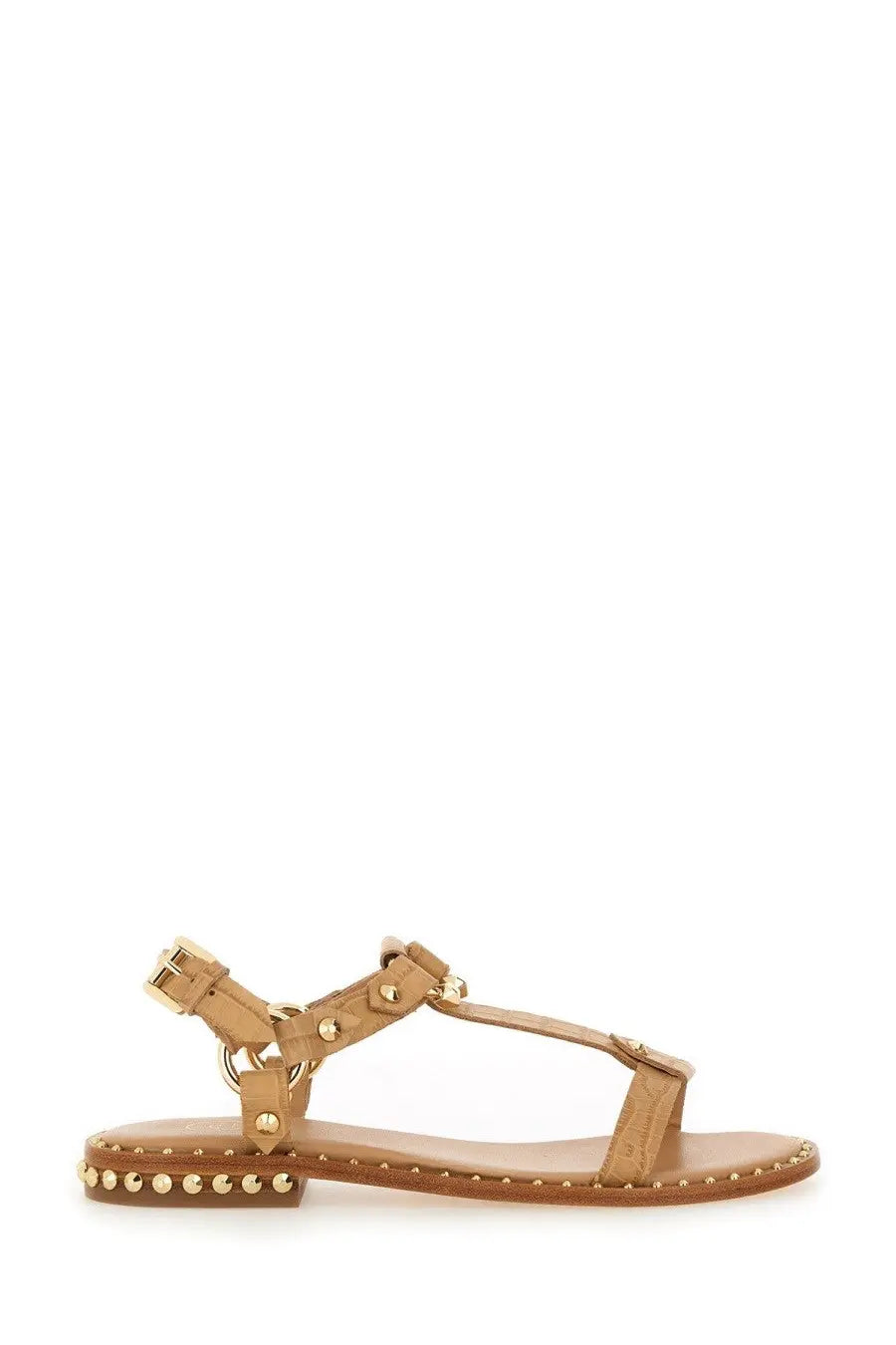 Ash women’s patsy bis beige leather sandal with gold-tone studs along the sole and straps visible from the back side