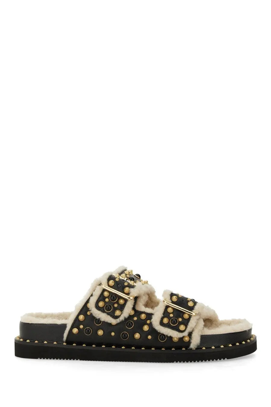 Ash women’s black platform slide sandal with gold-tone studs shearling lining and dual buckle straps
