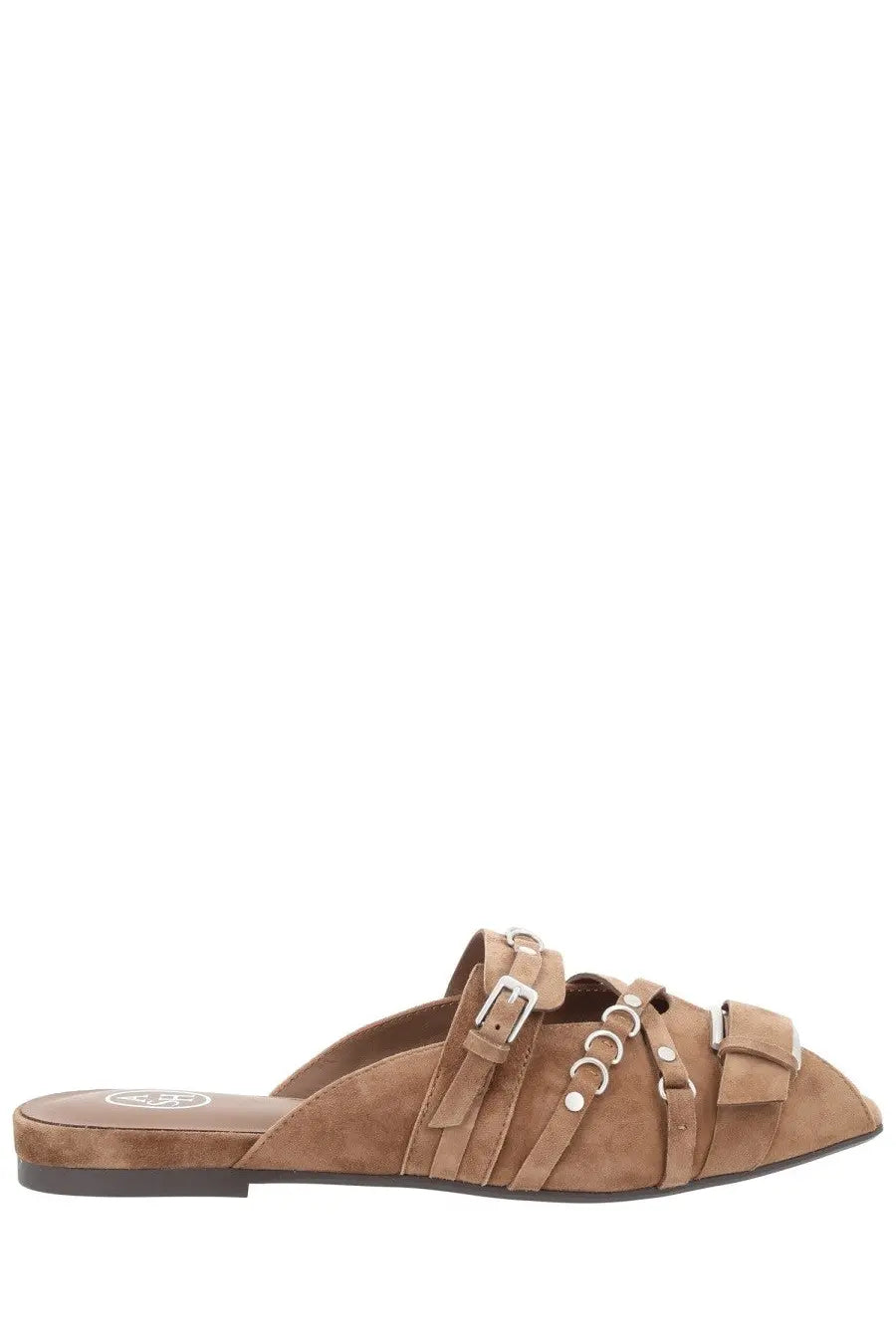 Ash women’s sandalo brigit beige tan suede mule sandal with multiple straps metallic buckles and circular hardware accents