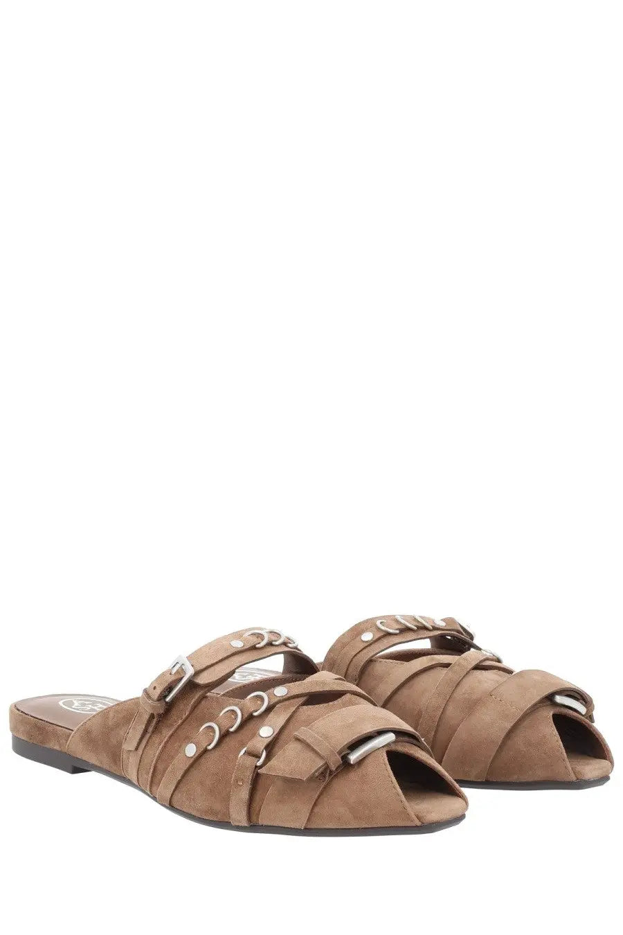 Ash women’s sandalo brigit beige tan suede mules with silver buckle straps and circular metal accents