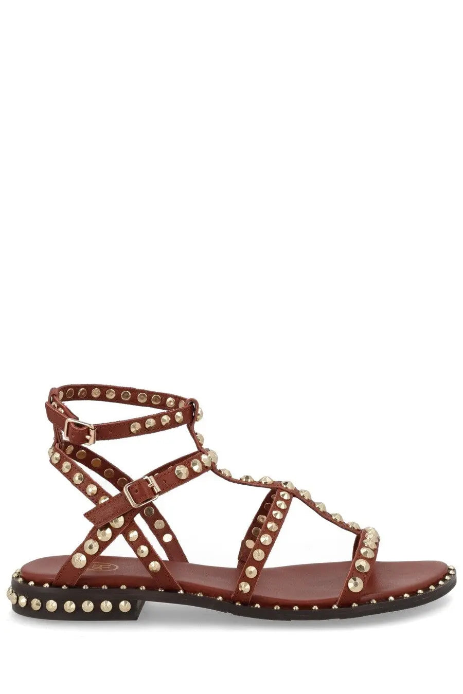 Ash women’s sandalo gladiator brown leather sandal with gold toned studs along straps and sole
