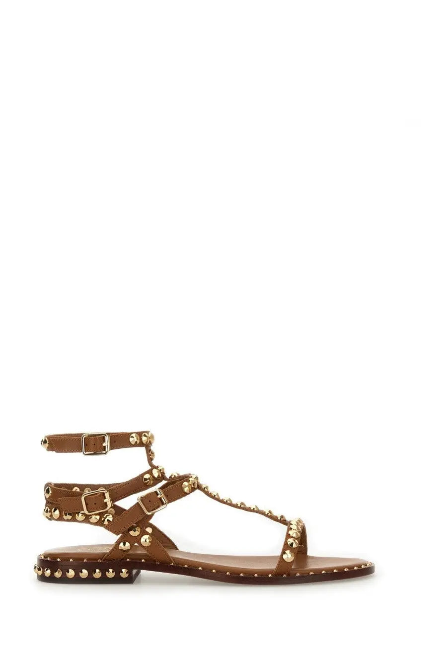Brown leather sandal with gold-tone studs and buckle straps ash women’s sandalo play brown