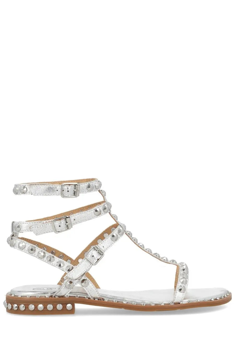 Ash women’s silver studded strappy sandal with flat sole and metallic buckle details for stylish wear