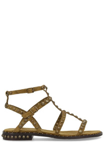 Olive green suede sandal with metallic studs along straps and sole from ash women’s sandalo precious green collection