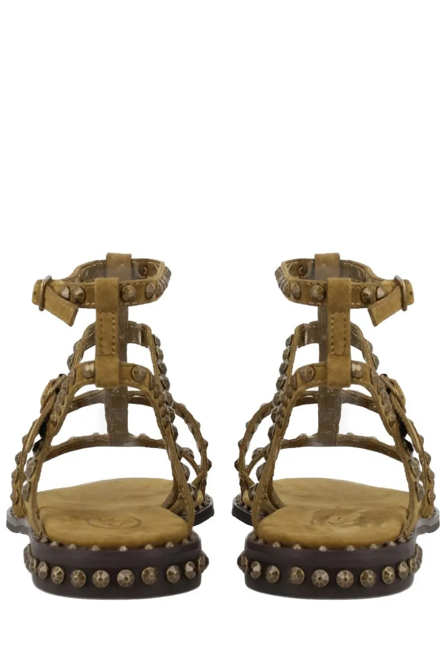 Ash women’s sandalo precious green tan leather gladiator sandals with metallic studs along the straps and sole