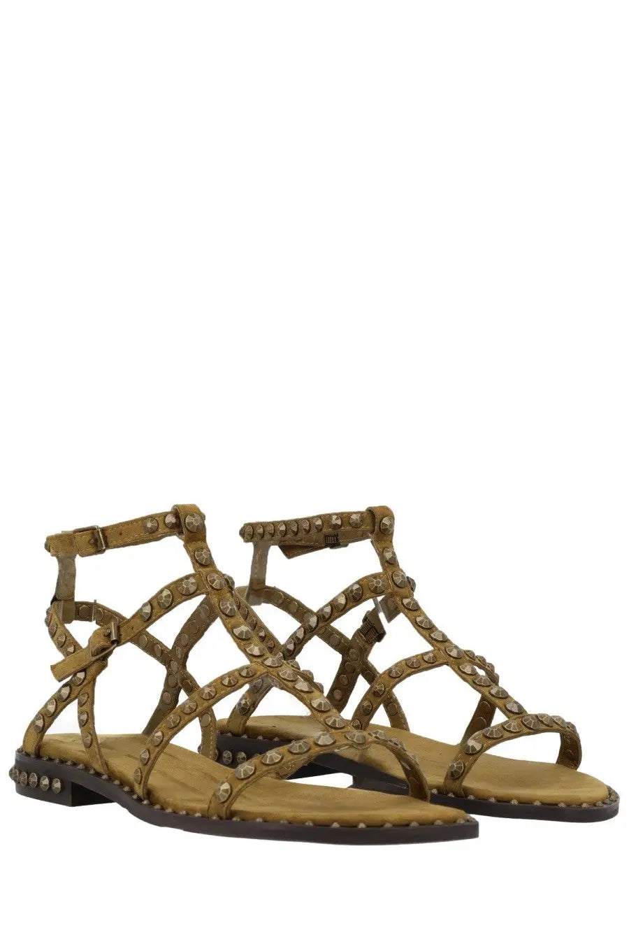 Tan suede ash women’s sandalo precious green sandals with metallic studs along straps and sole