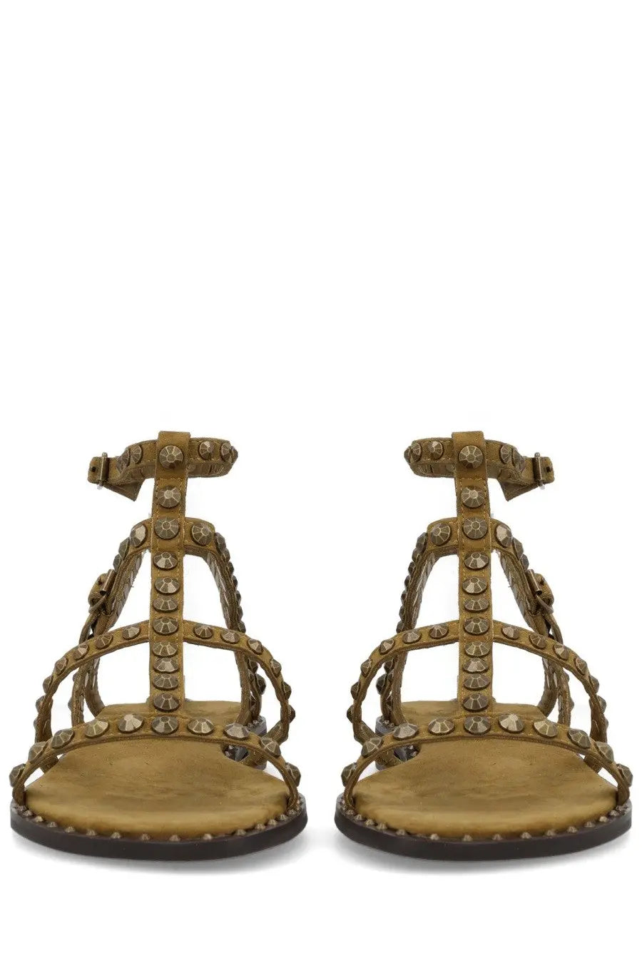 Ash women’s sandalo precious green tan suede sandals with metallic studs and braided straps front view