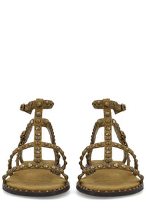 Ash women’s sandalo precious green tan suede sandals with metallic studs and braided straps front view