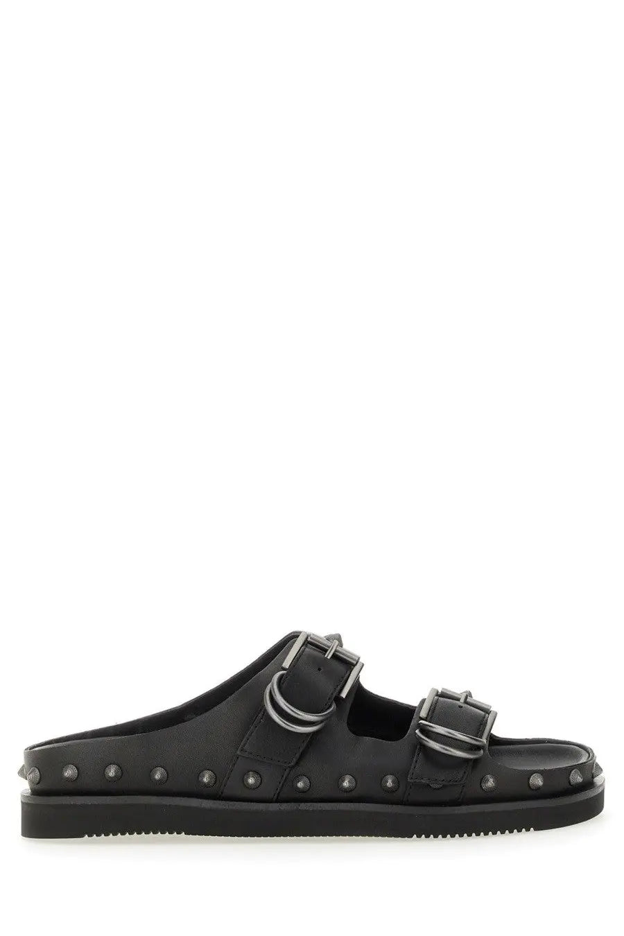 Ash women’s sandalo urus black leather slide sandal with dual silver buckle straps and metallic studs along sole