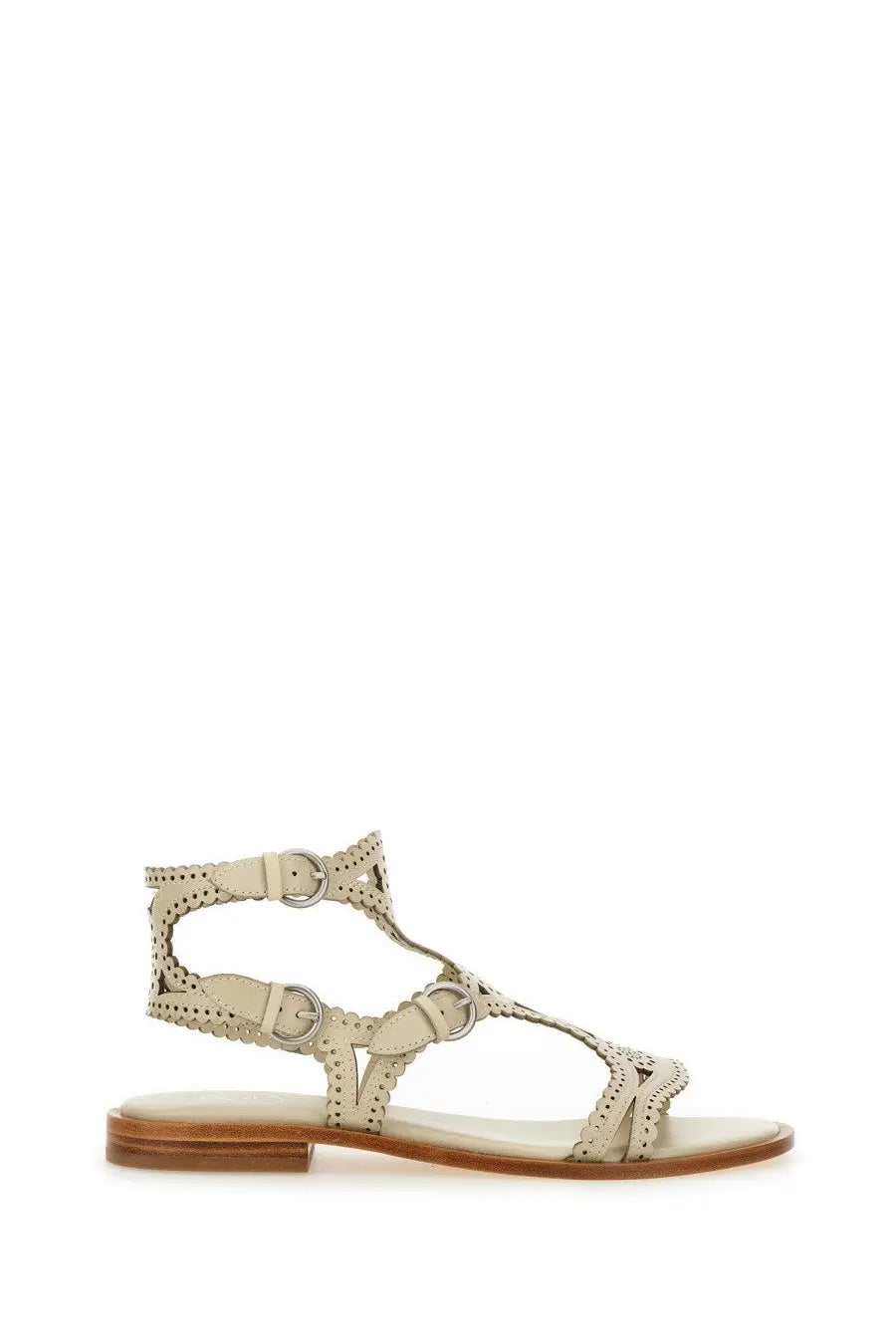 Beige leather ash women’s sandalwood paprika white strappy sandal with perforated detailing and silver-toned buckles