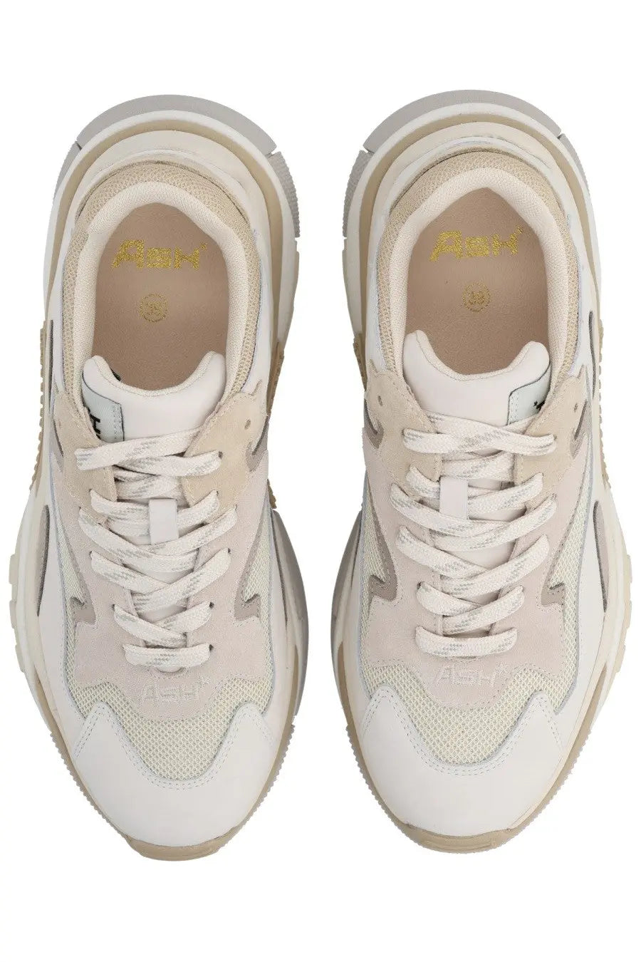 Ash women’s sneaker addict beige cream-colored chunky sneakers with mesh and suede, white laces, and gold branding