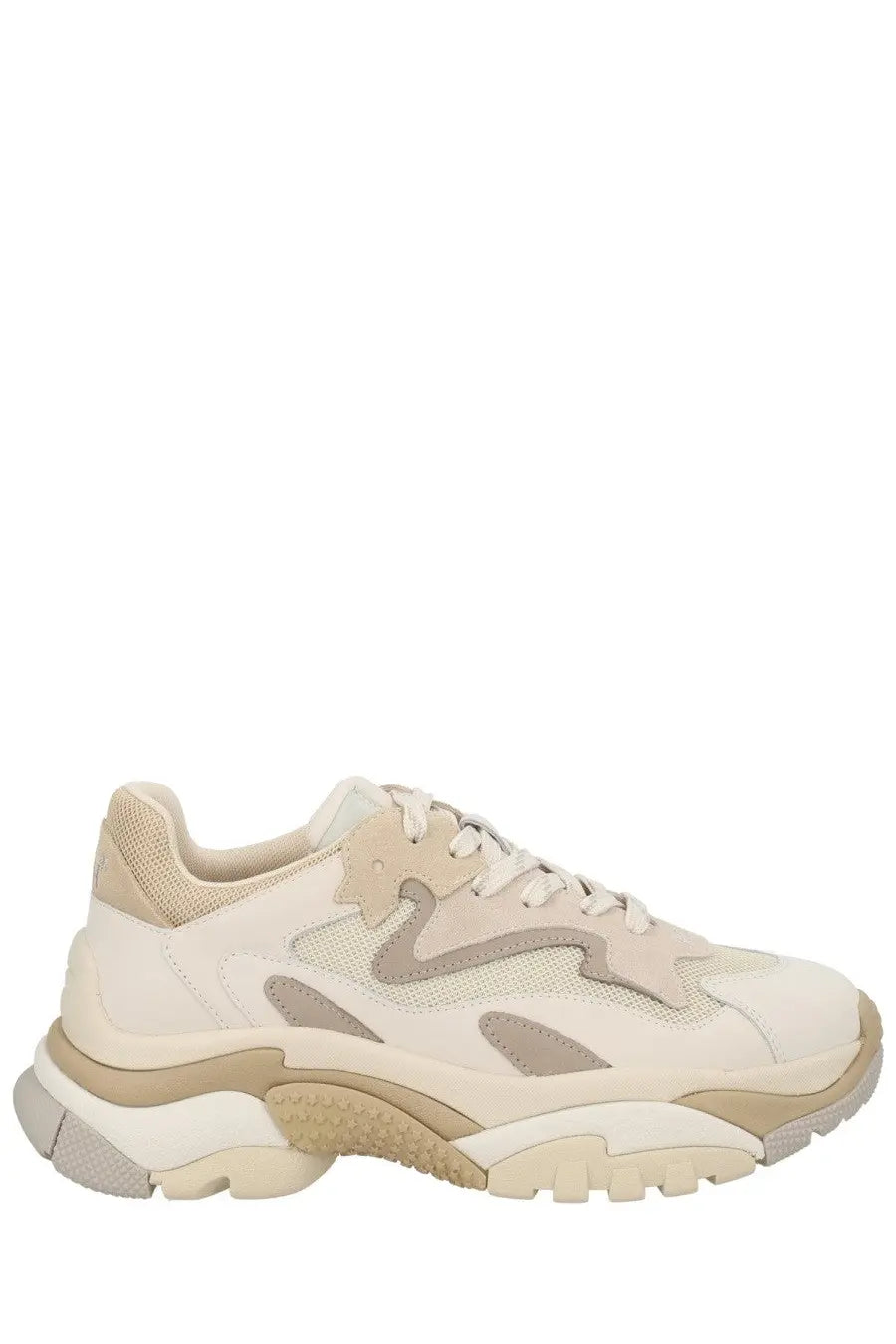 Cream-colored ash women’s sneaker addict beige with chunky sole and layered mesh suede upper design