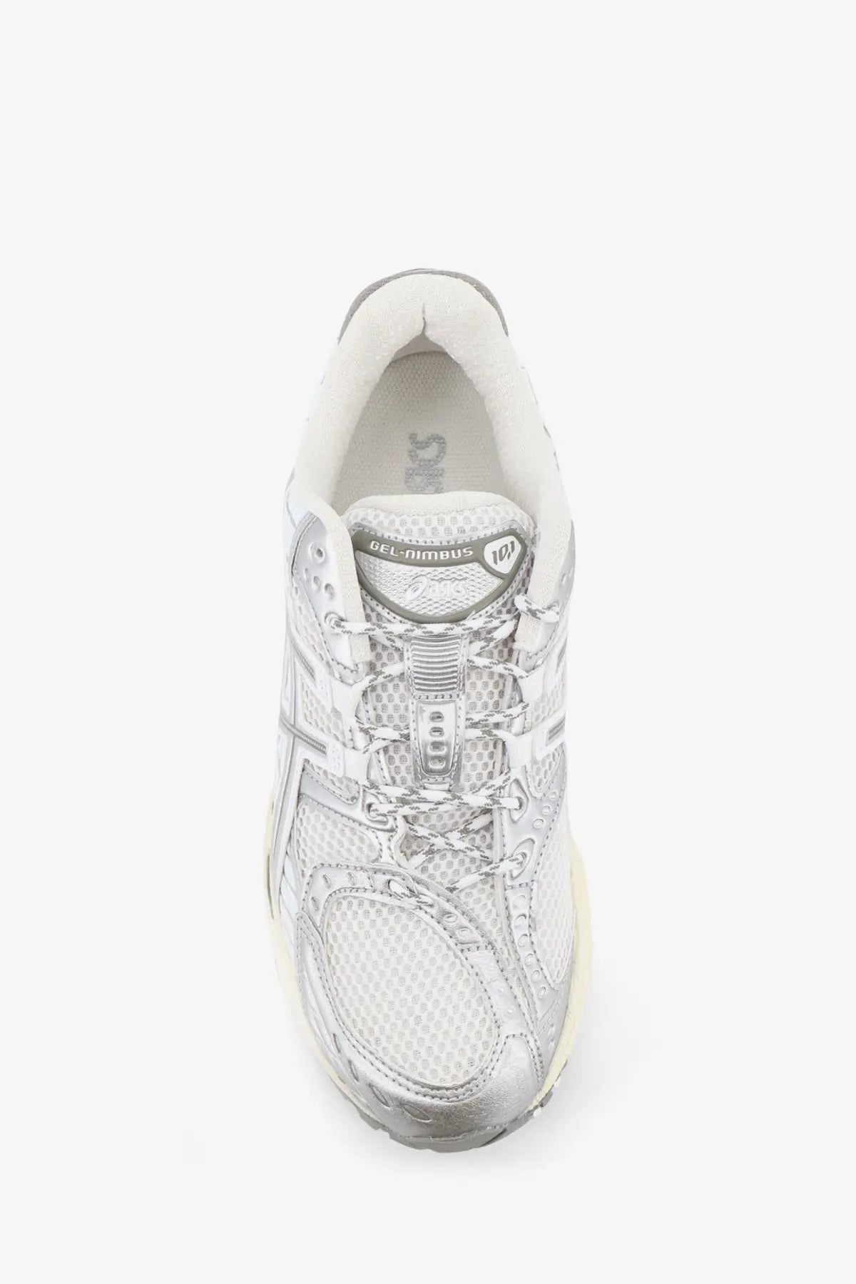 Asics men’s gel nimbus sneakers white featuring silver metallic mesh and synthetic overlay with white interior lining