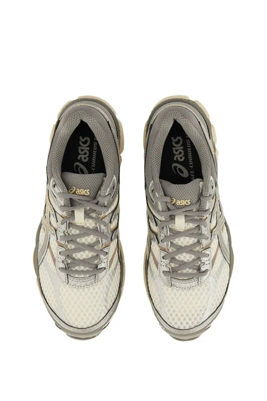 Gray and white Asics unisex gel Cumulus sneaker with mesh upper, rubber sole, and gold logo accents