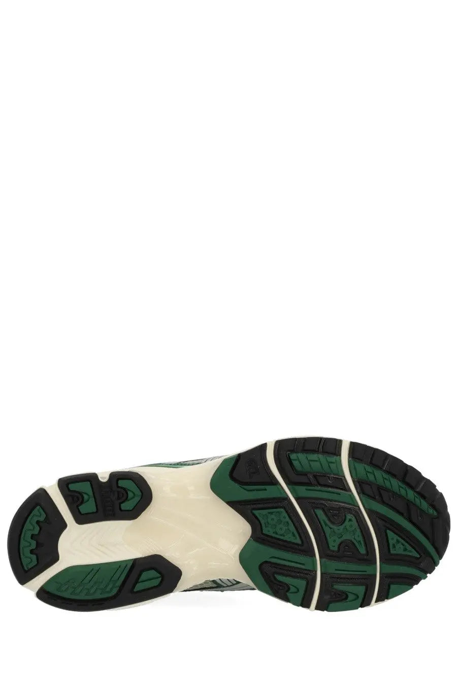 Green and black rubber sole with white midsole featuring textured tread on asics unisex gel kayano sneaker multicolor